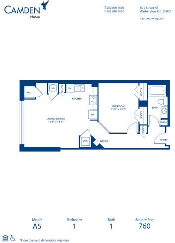Blueprint of A5 Floor Plan, 1 Bedroom and 1 Bathroom at Camden NoMa Apartments in Washington, DC