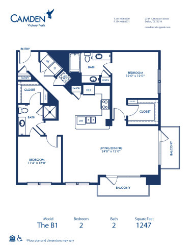 Blueprint of B1 Floor Plan, 2 Bedrooms and 2 Bathrooms at Camden Victory Park Apartments in Dallas, TX