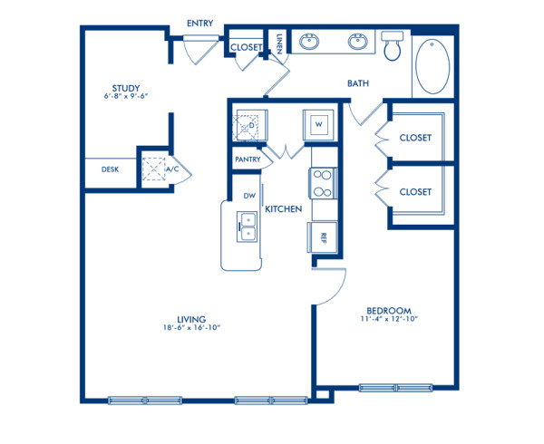 Blueprint of La Branch 5 Floor Plan, 1 Bedroom and 1 Bathroom at Camden Travis Street Apartments in Houston, TX