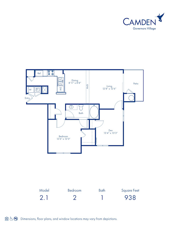 Blueprint of 2.1 Floor Plan, 2 Bedroom and 1 Bathroom apartment home at Camden Governors Village Apartments in Chapel Hill, NC