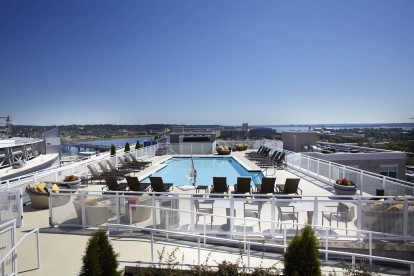 Rooftop swimming pool with views of waterfront scenery