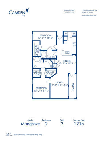 Blueprint of Mangrove (Patio) Floor Plan, 2 Bedrooms and 2 Bathrooms at Camden Bay Apartments in Tampa, FL