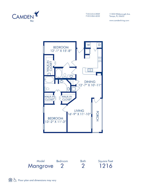 Blueprint of Mangrove (Patio) Floor Plan, 2 Bedrooms and 2 Bathrooms at Camden Bay Apartments in Tampa, FL