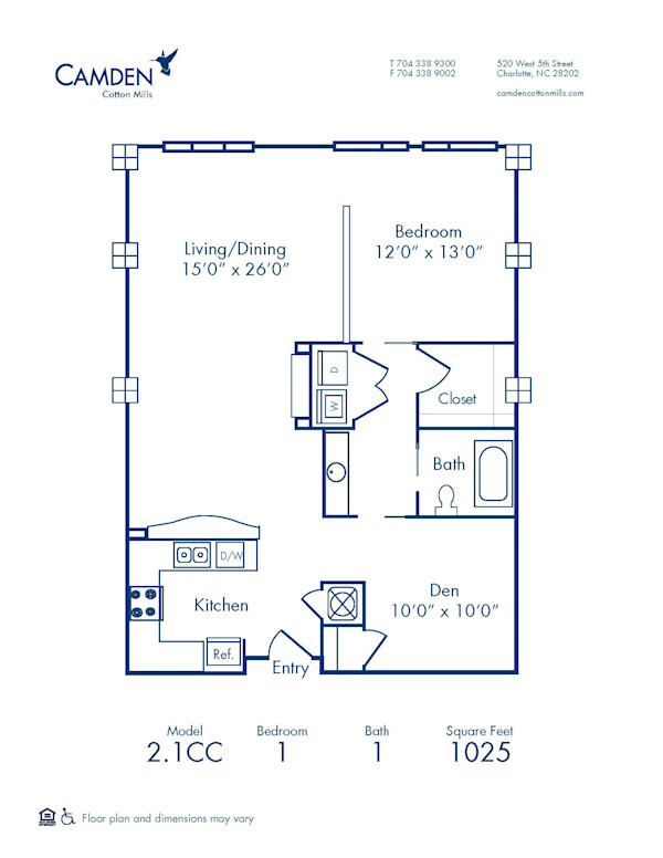 Blueprint of 2.1CC Floor Plan, 1 Bedroom and 1 Bathroom with Den at Camden Cotton Mills Apartments in Charlotte, NC