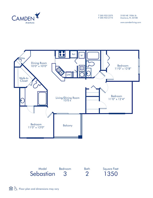 Blueprint of Sebastian Floor Plan, 3 Bedrooms and 2 Bathrooms at Camden Aventura Apartments in Aventura, FL