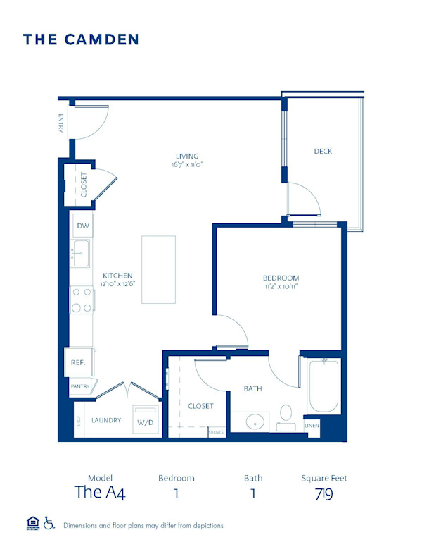 Blueprint of A4 Floor Plan, 1 Bedroom and 1 Bathroom at The Camden Apartments in Hollywood, CA