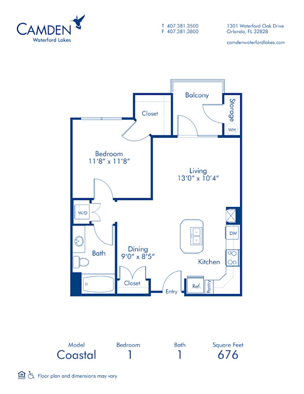 Blueprint of Coastal Floor Plan, 1 Bedroom and 1 Bathroom at Camden Waterford Lakes Apartments in Orlando, FL
