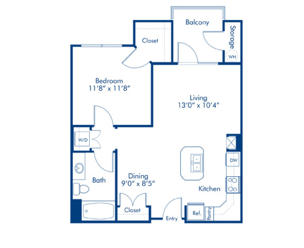 Blueprint of Coastal Floor Plan, 1 Bedroom and 1 Bathroom at Camden Waterford Lakes Apartments in Orlando, FL