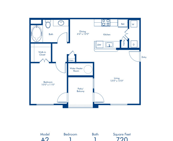 Blueprint of A2 Floor Plan, 1 Bedroom and 1 Bathroom at Camden Vineyards Apartments in Murrieta, CA