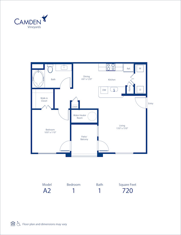 Blueprint of A2 Floor Plan, 1 Bedroom and 1 Bathroom at Camden Vineyards Apartments in Murrieta, CA