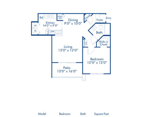 Blueprint of Pindo Floor Plan, 1 Bedroom and 1 Bathroom at Camden Royal Palms Apartments in Brandon, FL
