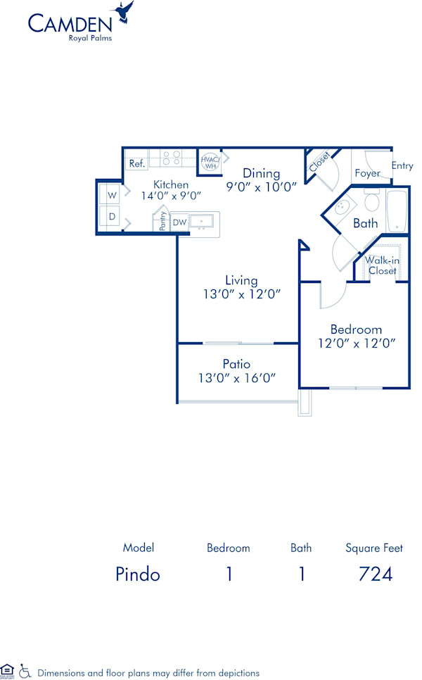 Blueprint of Pindo Floor Plan, 1 Bedroom and 1 Bathroom at Camden Royal Palms Apartments in Brandon, FL