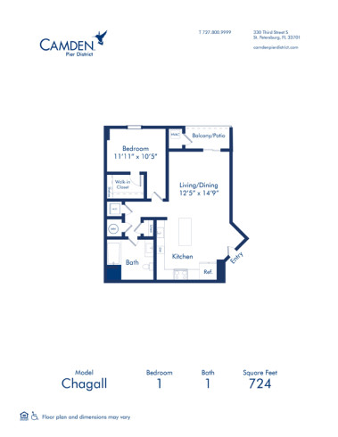 Blueprint of Chagall floor plan, one bedroom one bathroom apartment at Camden Pier District Apartments in St. Petersburg, FL