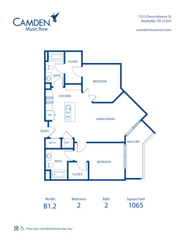 Camden Music Row Apartments, Nashville, TN, B1.2 2 bedroom 2 bathroom floor plan