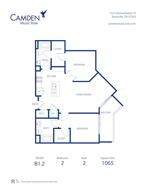 Camden Music Row Apartments, Nashville, TN, B1.2 2 bedroom 2 bathroom floor plan