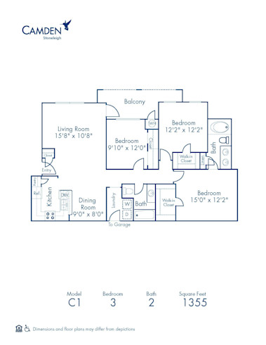 Blueprint of C1 Floor Plan, Apartment Home with 3 Bedrooms and 2 Bathrooms at Camden Stoneleigh in Austin, TX