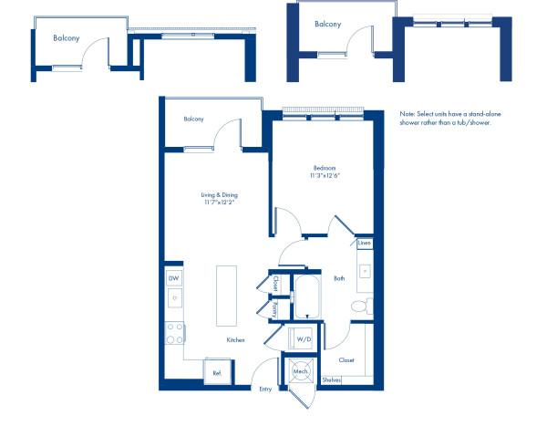 The A2 floor plan, 1 bed, 1 bath at Camden NoDa Apartments in Charlotte, NC