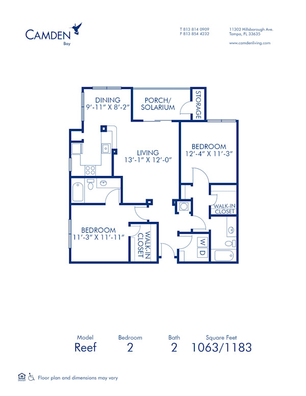 Blueprint of Reef (Solarium) Floor Plan, 2 Bedrooms and 2 Bathrooms at Camden Bay Apartments in Tampa, FL