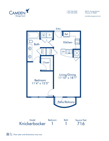 Blueprint of Knickerbocker Floor Plan, 1 Bedroom and 1 Bathroom at Camden Orange Court Apartments in Orlando, FL