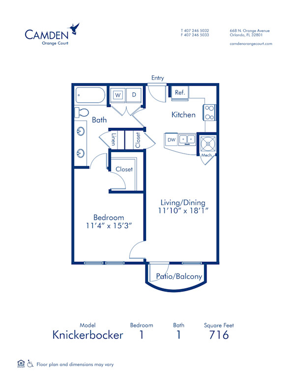 Blueprint of Knickerbocker Floor Plan, 1 Bedroom and 1 Bathroom at Camden Orange Court Apartments in Orlando, FL