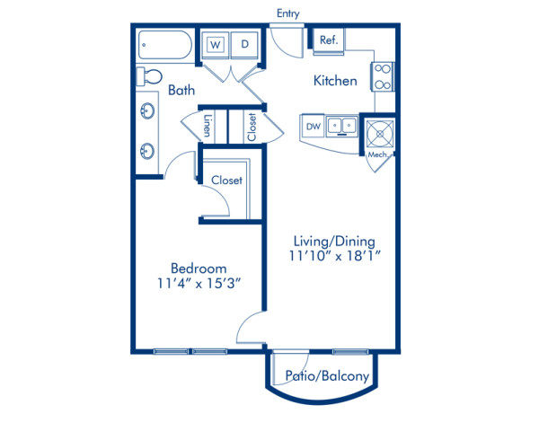 Blueprint of Knickerbocker Floor Plan, 1 Bedroom and 1 Bathroom at Camden Orange Court Apartments in Orlando, FL