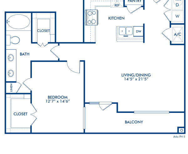 Blueprint of Honolulu II Floor Plan, 1 Bedroom and 1 Bathroom at Camden City Centre II Apartments in Houston, TX