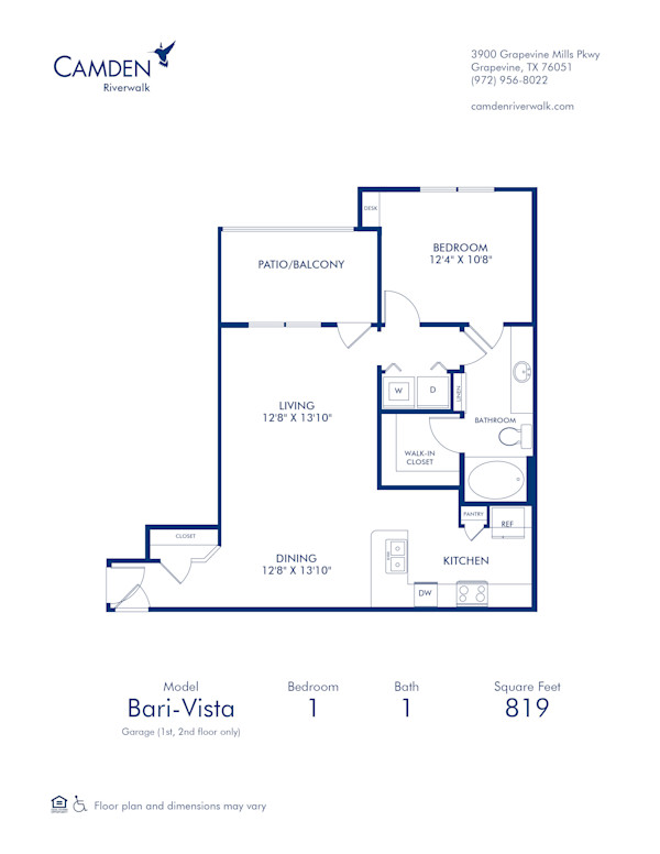 Blueprint of Bari Vista  - Garage Floor Plan, 1 Bedroom and 1 Bathroom at Camden Riverwalk Apartments in Grapevine, TX
