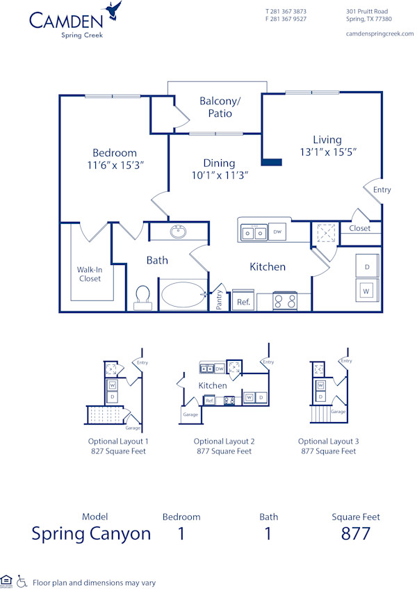 Blueprint of Spring Canyon 1 Floor Plan, 1 Bedroom and 1 Bathroom at Camden Spring Creek Apartments in Spring, TX
