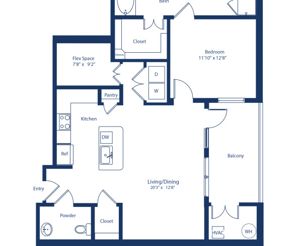 Camden Rino apartments in Denver one bedroom floor plan diagram, The A8.2