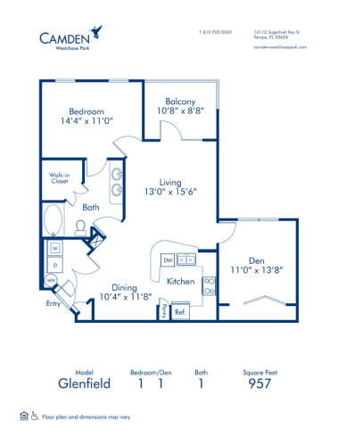 Blueprint of Glenfield Floor Plan, 1 Bedroom and 1 Bathroom at Camden Westchase Park Apartments in Tampa, FL