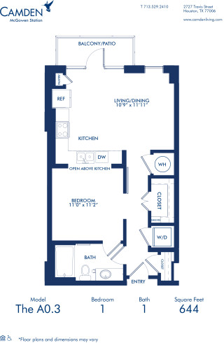 Blueprint of A0.3 Floor Plan, Studio and One Bathroom Apartment at Camden McGowen Station Apartments in Midtown Houston, TX