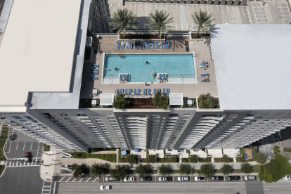 Aerial view of pool deck at Camden Pier District apartments in St. Petersburg, Florida.