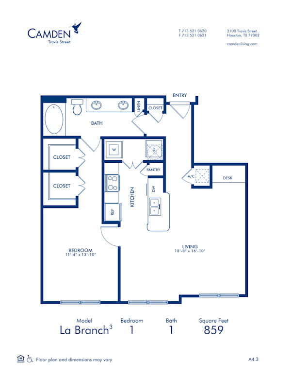 Blueprint of La Branch3 Floor Plan, 1 Bedroom and 1 Bathroom at Camden Travis Street Apartments in Houston, TX