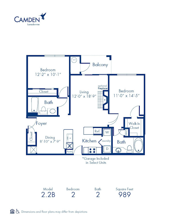 Blueprint of 2.2B Floor Plan, 2 Bedrooms and 2 Bathrooms at Camden Lansdowne Apartments in Lansdowne, VA