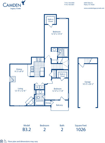 Blueprint of B3.2 Floor Plan, 2 Bedrooms and 2 Bathrooms at Camden Legacy Creek Apartments in Plano, TX