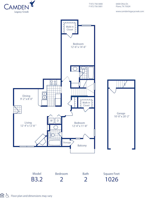 Blueprint of B3.2 Floor Plan, 2 Bedrooms and 2 Bathrooms at Camden Legacy Creek Apartments in Plano, TX