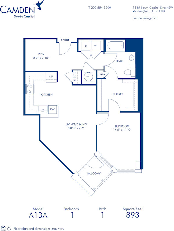 Blueprint of A13AD Floor Plan, 1 Bedroom and 1 Bathroom at Camden South Capitol Apartments in Washington, DC