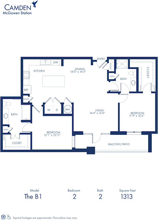 Blueprint of B1 Floor Plan, Two Bedroom and Two Bathroom Apartment at Camden McGowen Station Apartments in Midtown Houston, TX