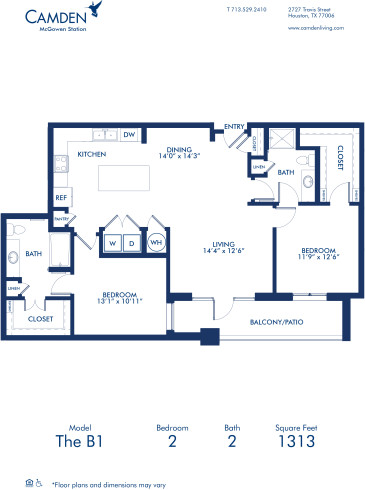 Blueprint of B1 Floor Plan, Two Bedroom and Two Bathroom Apartment at Camden McGowen Station Apartments in Midtown Houston, TX
