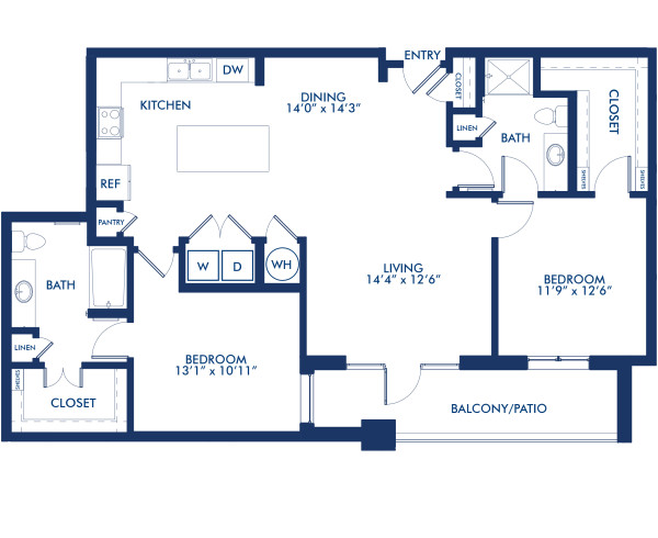 Blueprint of B1 Floor Plan, Two Bedroom and Two Bathroom Apartment at Camden McGowen Station Apartments in Midtown Houston, TX