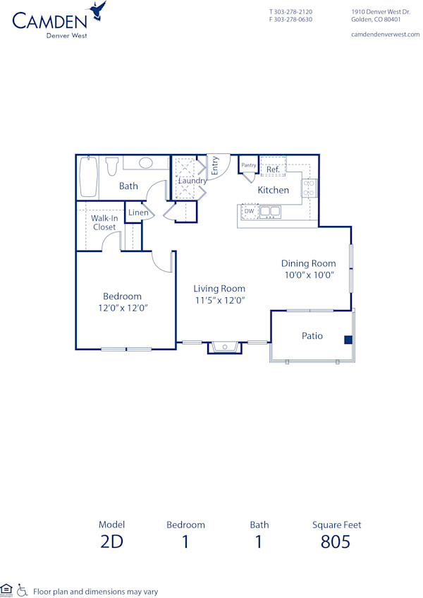 Blueprint of 2D Floor Plan, 1 Bedroom and 1 Bathroom at Camden Denver West Apartments in Golden, CO