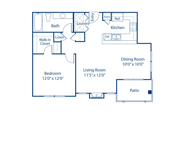 Blueprint of 2D Floor Plan, 1 Bedroom and 1 Bathroom at Camden Denver West Apartments in Golden, CO