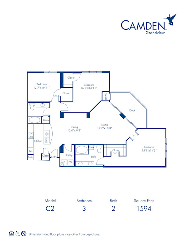 Blueprint of The Manhattan Floor Plan, 3 Bedrooms and 2 Bathrooms at Camden Grandview Apartments in Charlotte, NC