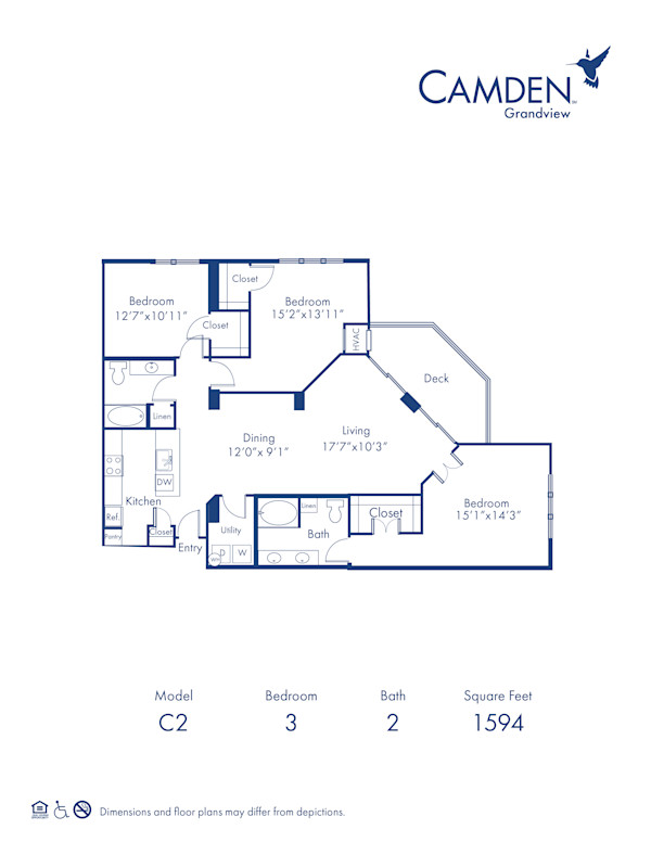Blueprint of The Manhattan Floor Plan, 3 Bedrooms and 2 Bathrooms at Camden Grandview Apartments in Charlotte, NC
