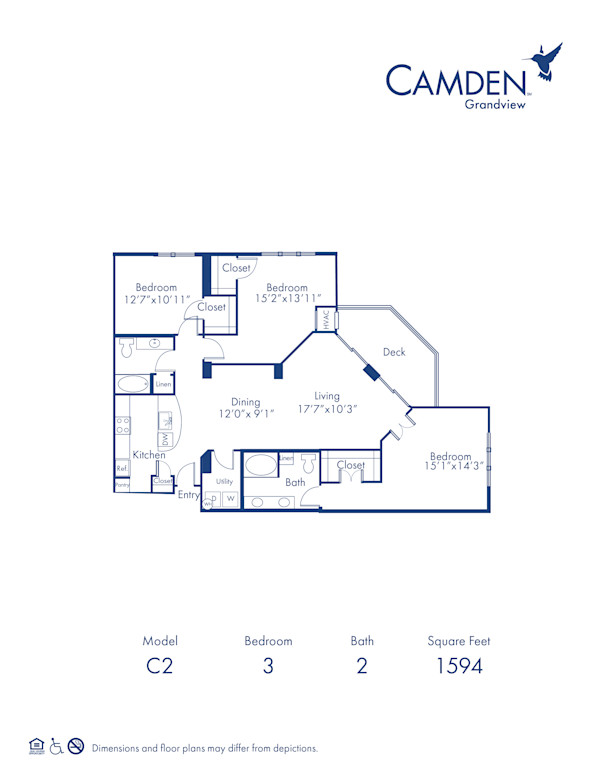 Blueprint of The Manhattan Floor Plan, 3 Bedrooms and 2 Bathrooms at Camden Grandview Apartments in Charlotte, NC