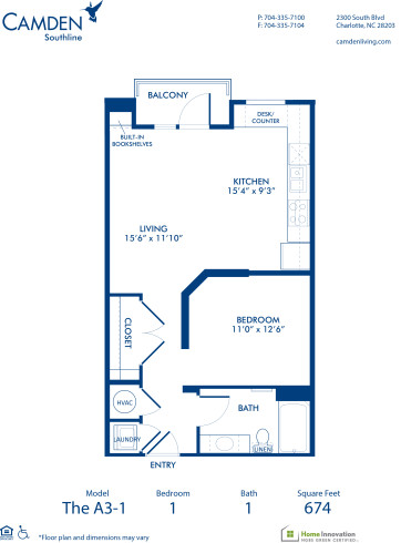 Blueprint of A3-1 Floor Plan, Studio with 1 Bathroom at Camden Southline Apartments in Charlotte, NC