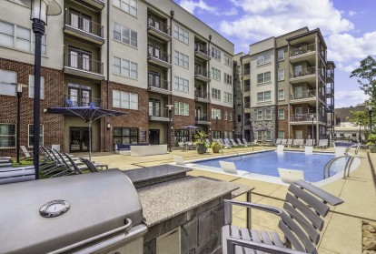 Outdoor grill next to resort style pool