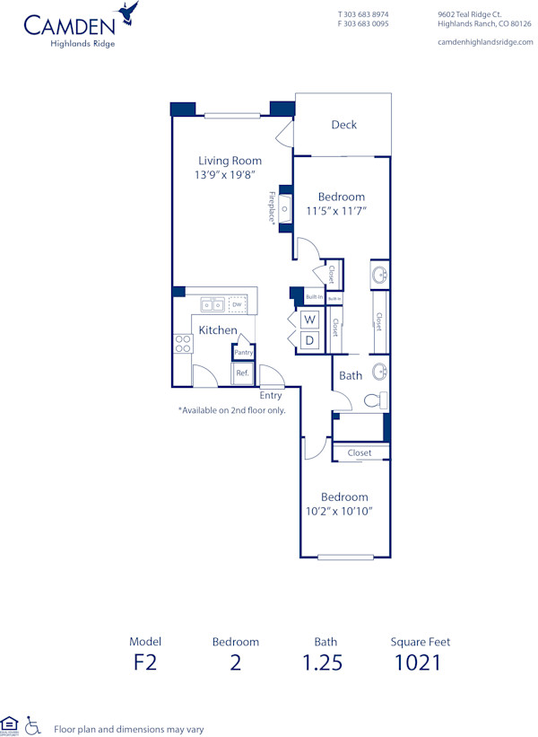 Blueprint of F2 Floor Plan, 2 Bedrooms and 1.25 Bathrooms at Camden Highlands Ridge Apartments in Highlands Ranch, CO