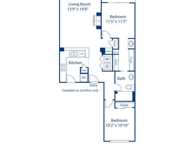 Blueprint of F2 Floor Plan, 2 Bedrooms and 1.25 Bathrooms at Camden Highlands Ridge Apartments in Highlands Ranch, CO