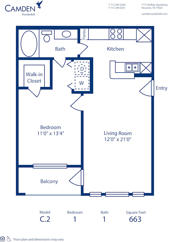 Blueprint of C.2 Floor Plan, 1 Bedroom and 1 Bathroom at Camden Vanderbilt Apartments in Houston, TX